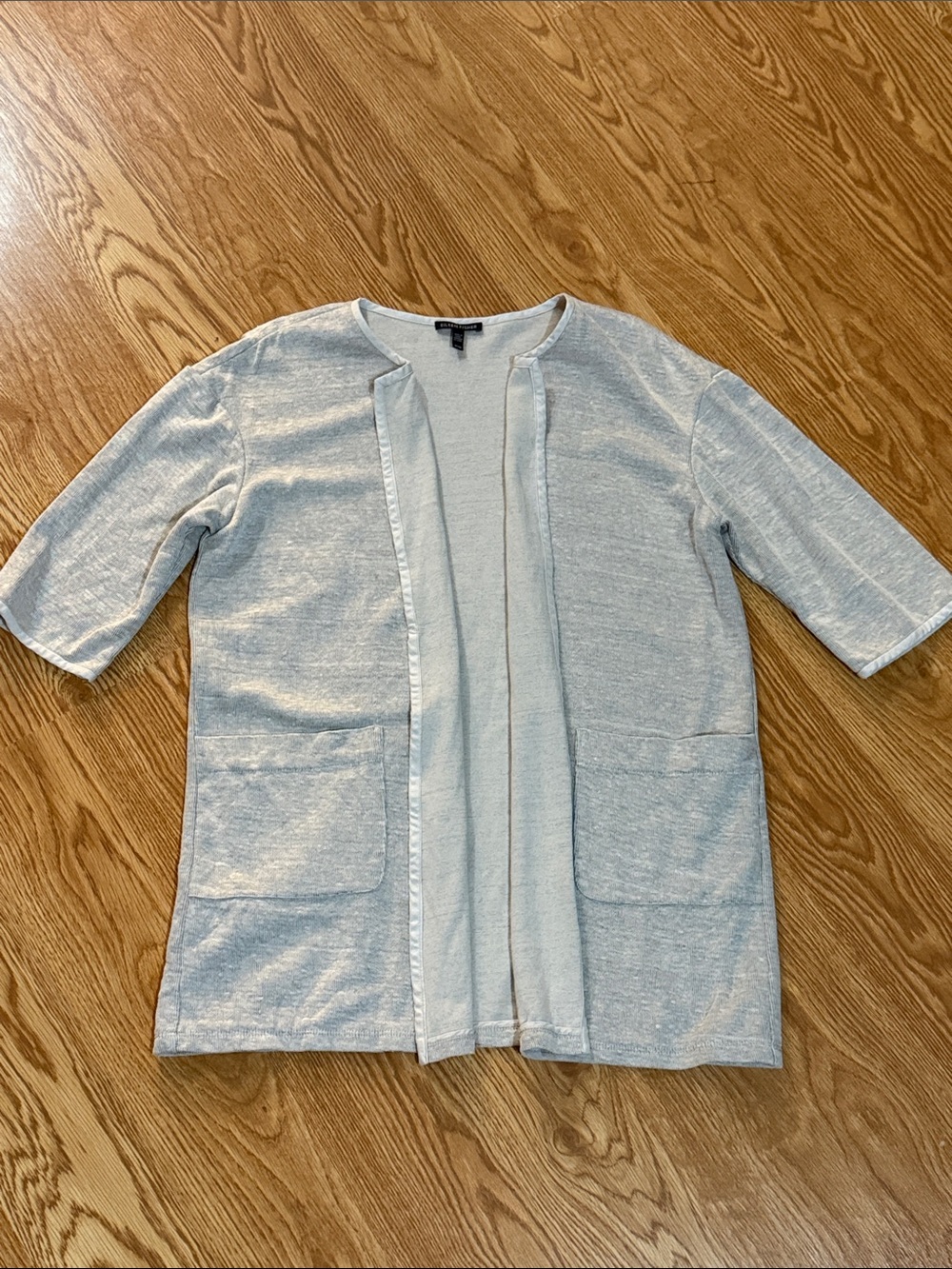Eileen Fisher Linen Blend Heather Light Gray Open Cardigan with Pockets